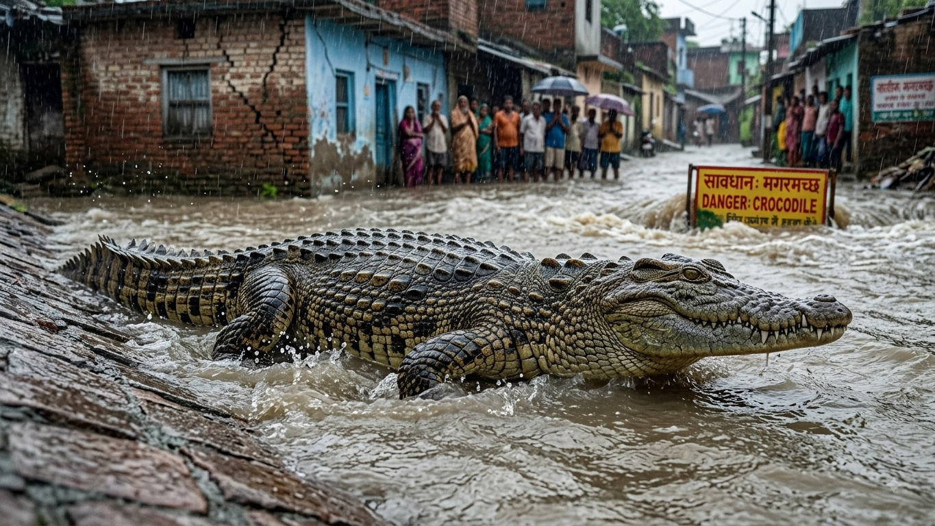 Crocodile spotted near Gangnahar bank in Haridwar during rain flooded river overflow Slug: