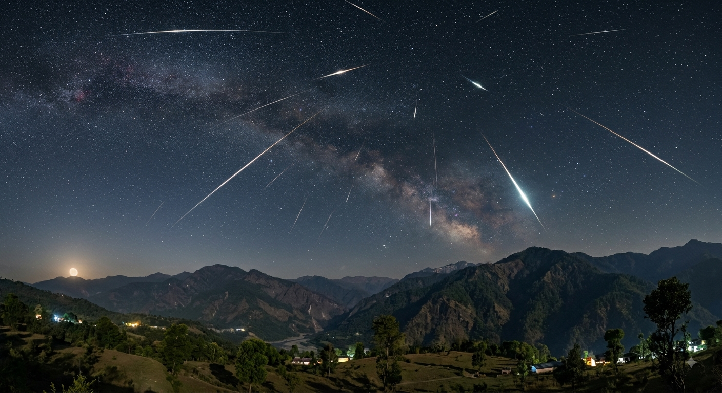 Bright streaking lights of Perseid Meteor Shower 2026 in the clear night sky over a dark landscape.