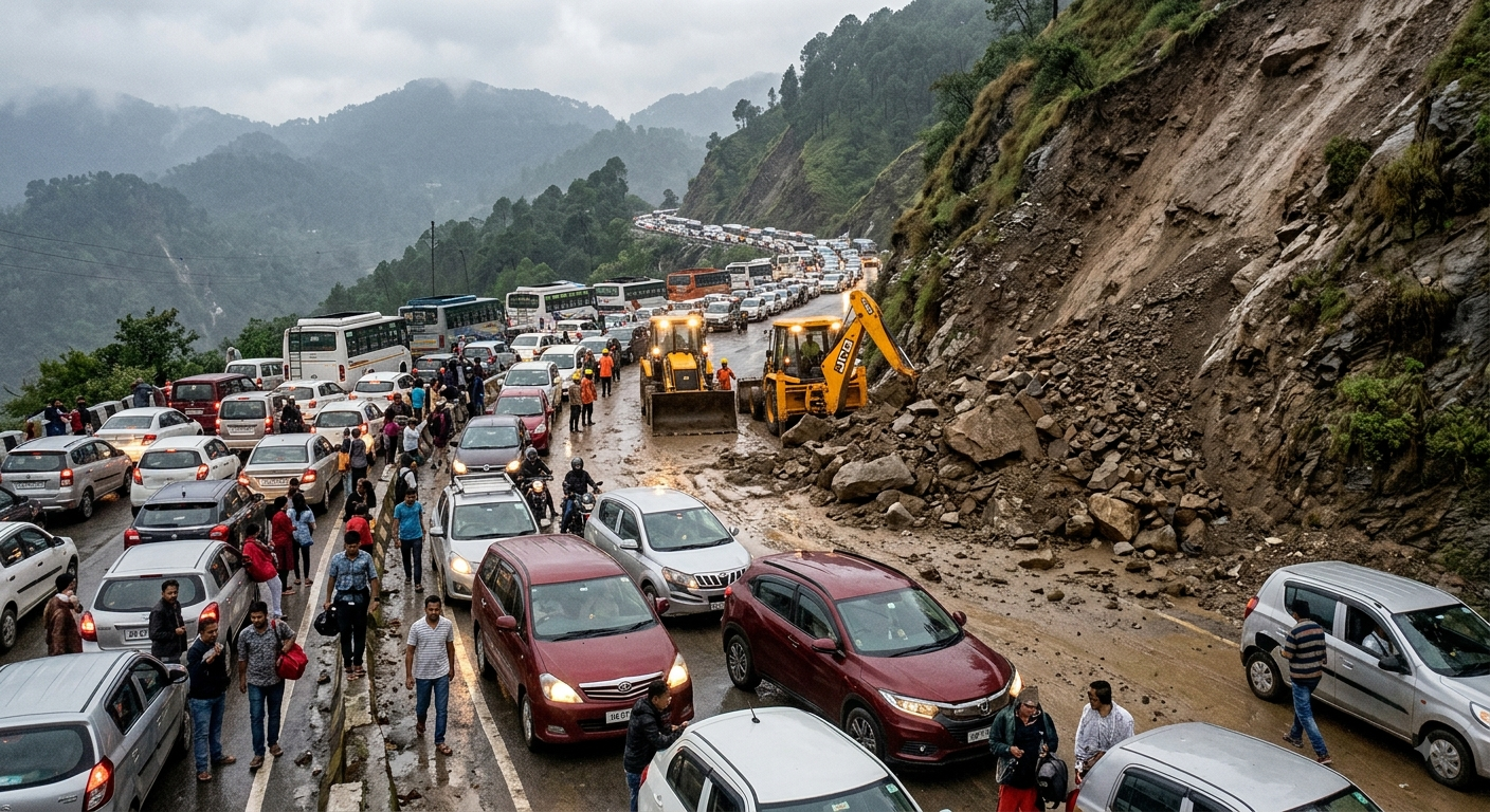 Dehradun Mussoorie road landslide causing heavy traffic jam on Uttarakhand highway