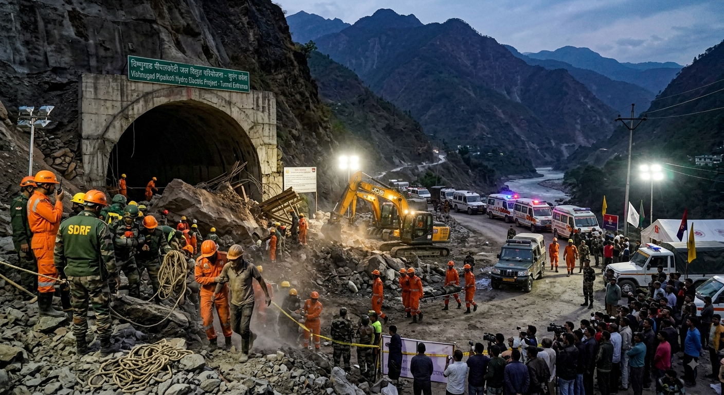 Chamoli Tunnel Accident rescue team working at Vishnugad Pipalkoti hydroelectric project site in Uttarakhand