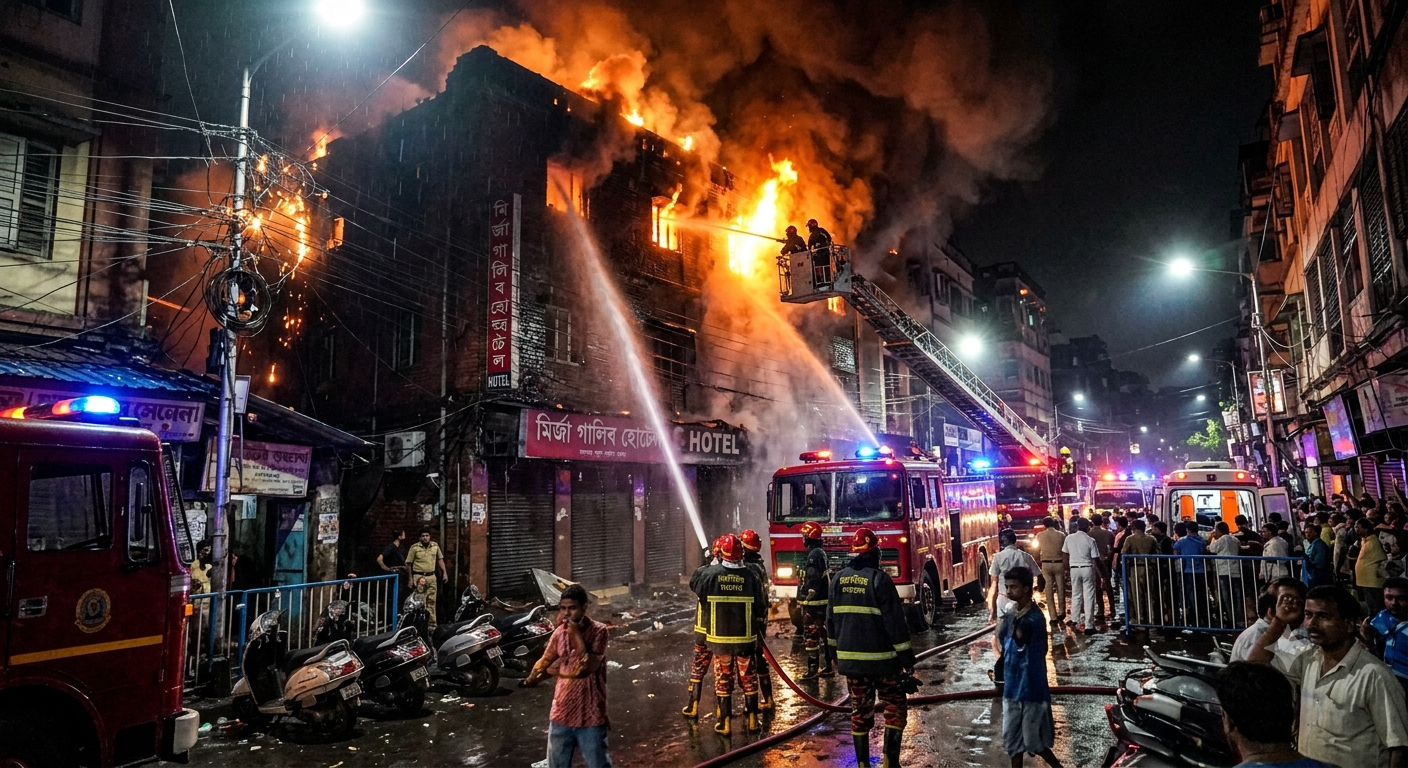 Firefighters and rescue teams extinguishing the Kolkata hotel fire on Mirza Ghalib Street.