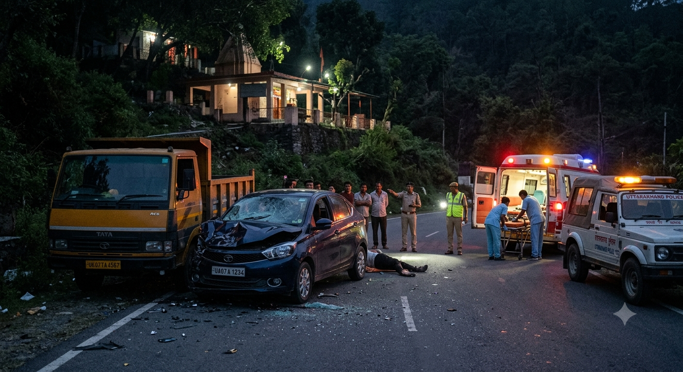 Damaged car and loader at road accident site near Manimai temple in Dehradun with emergency responders.