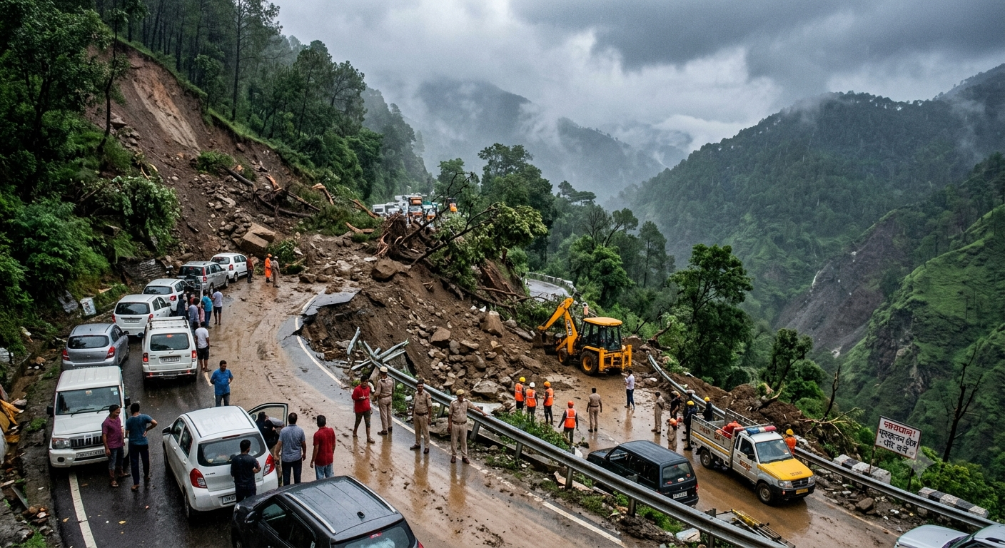 Mussoorie Dehradun Road Landslide scene near Maggi Point with single lane traffic and damaged retaining wall