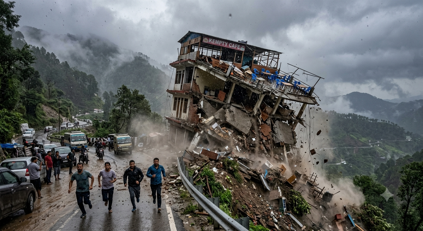 Site of Mussoorie building collapse on Kempty Road showing debris after heavy rainfall