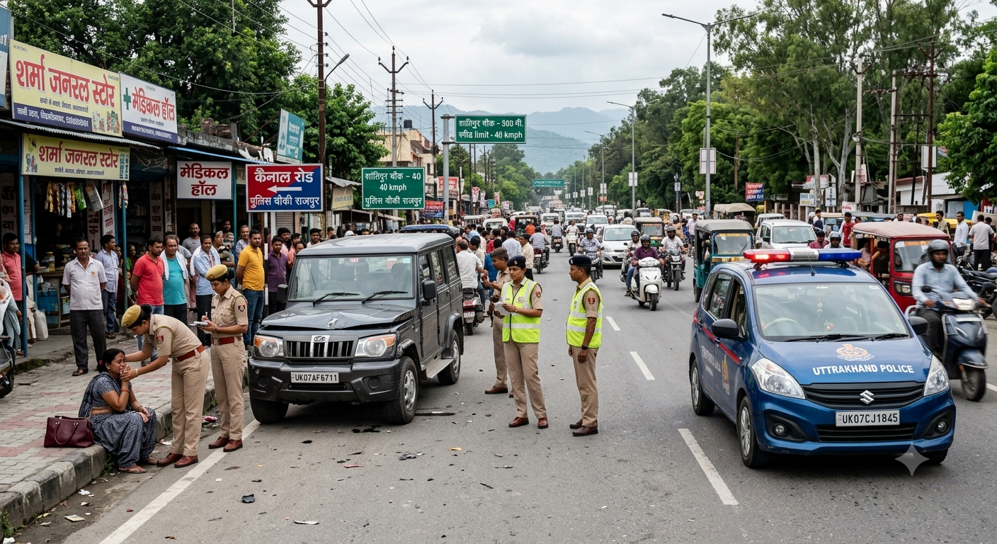 Police inspecting the spot of dehradun road accident on Canal Road