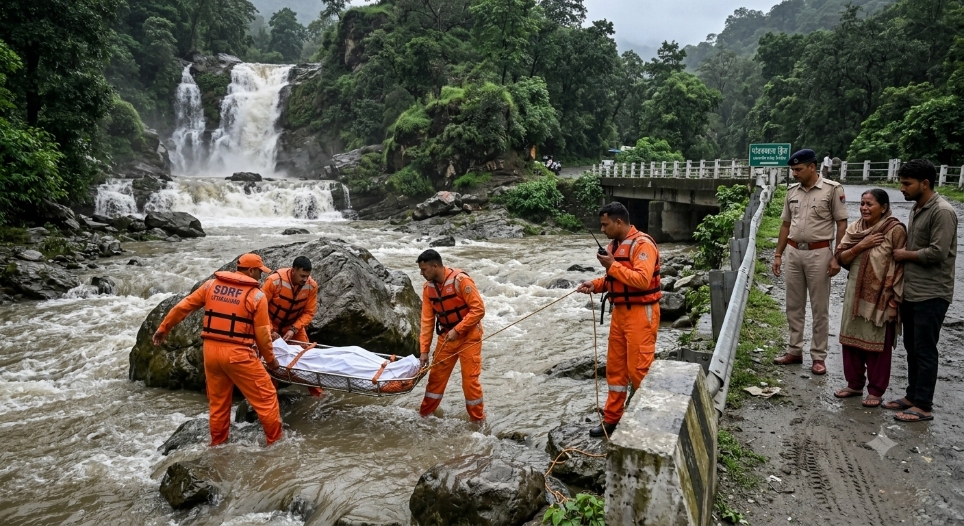 SDRF team retrieving the body of a Delhi tourist who drowned in the fast currents of Sahastradhara in Dehradun.