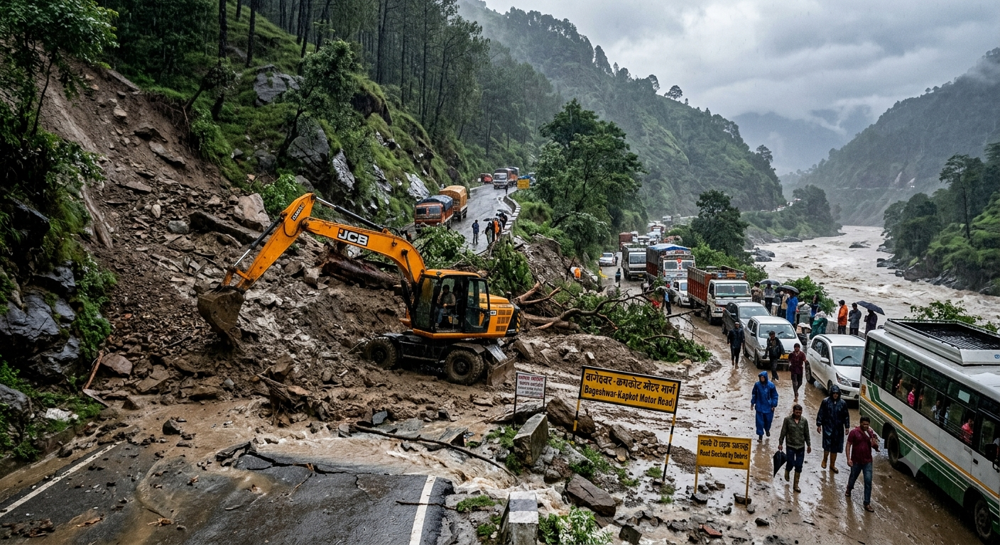 Bageshwar heavy rainfall causing road blockage and landslides near Saryu river