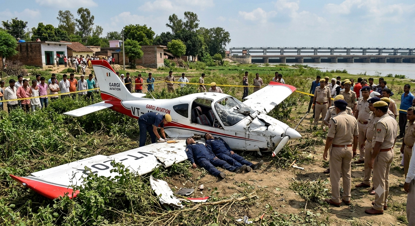 Kanpur Aircraft Crash site near Ganga Barrage in Natthapurwa village