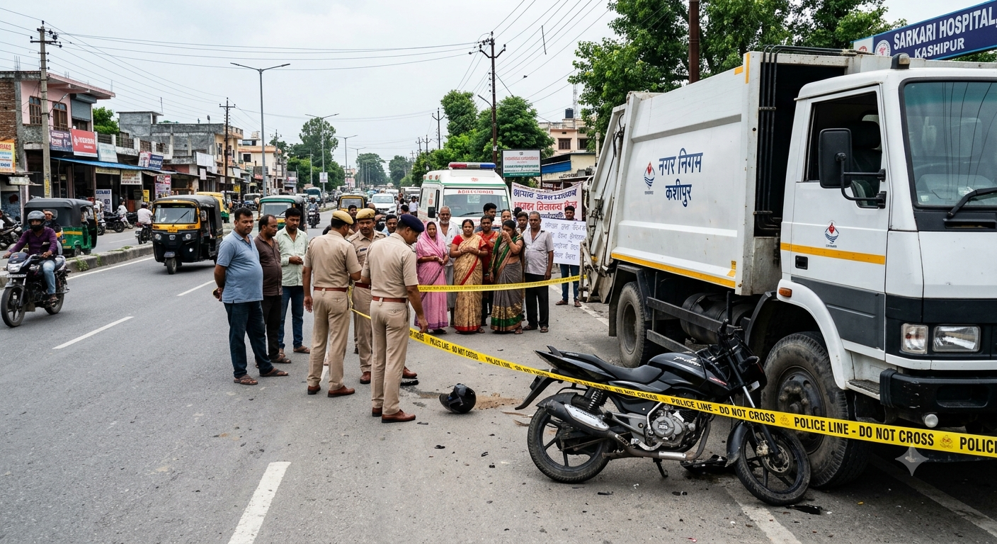 Kashipur Road Accident spot showing municipal vehicle involved in fatal collision