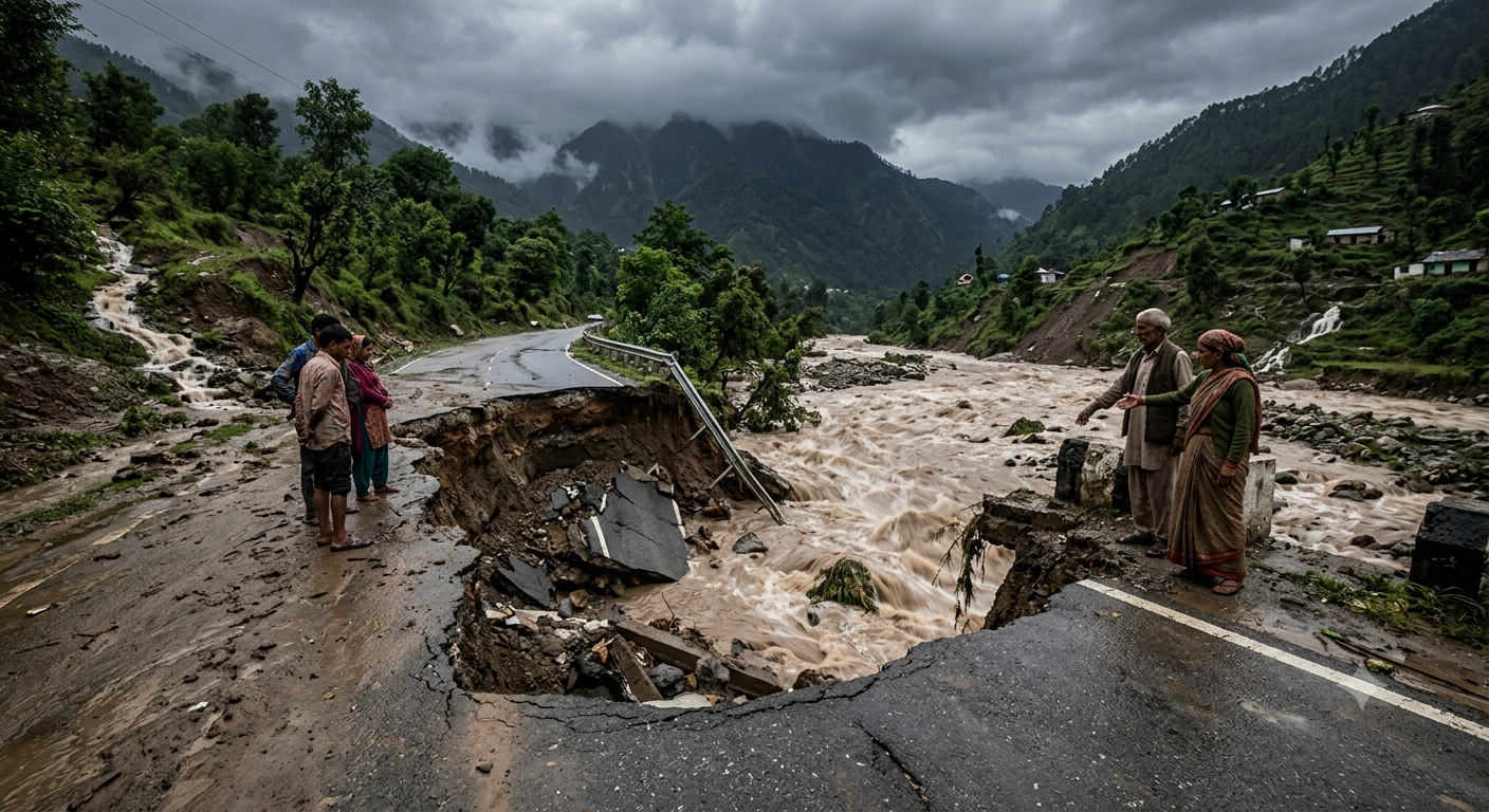 Dehradun Rain Havoc: Damaged road in Maldevta cut off from surrounding villages due to heavy monsoon rains.
