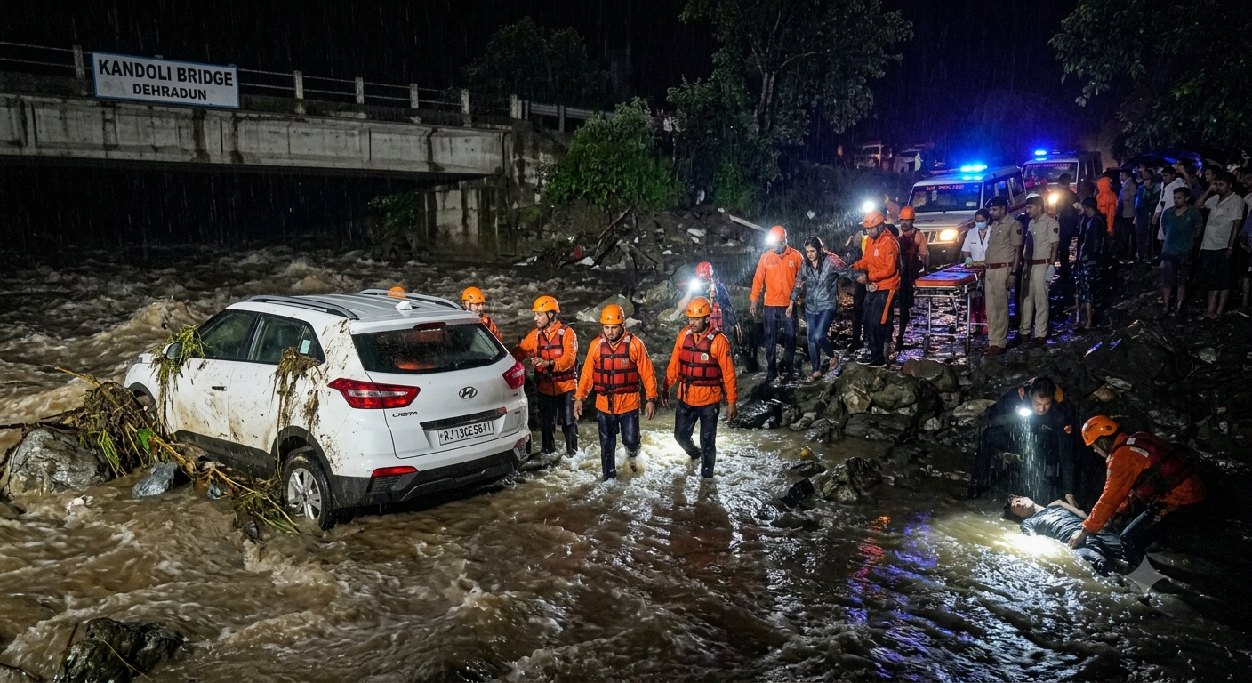Dehradun Premnagar car accident SDRF rescue operation near Kandoli Bridge