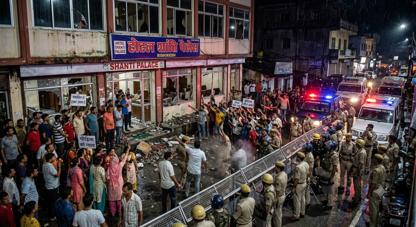 Rishikesh hotel rape case protest and police investigation scene outside the hotel