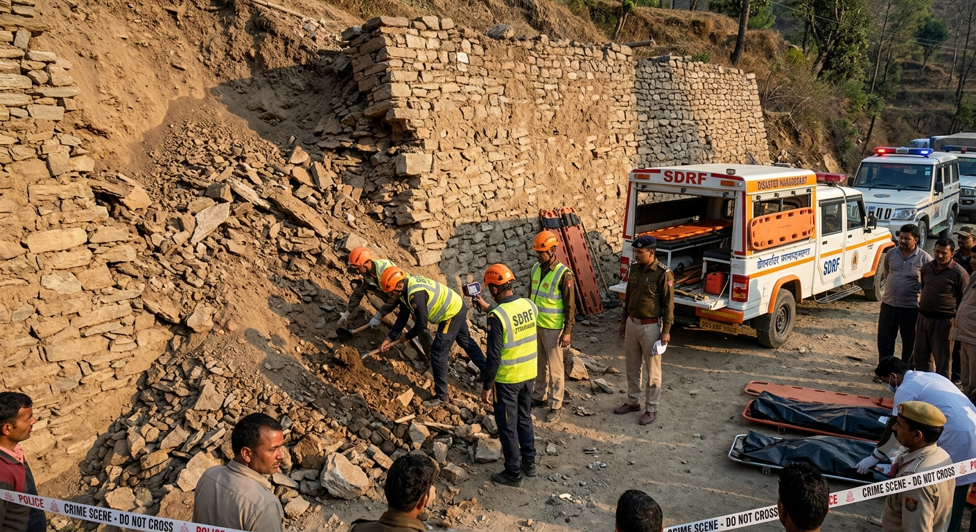SDRF rescue team operating at the Almora Wall Collapse News site in Dhar Ki Tuni.