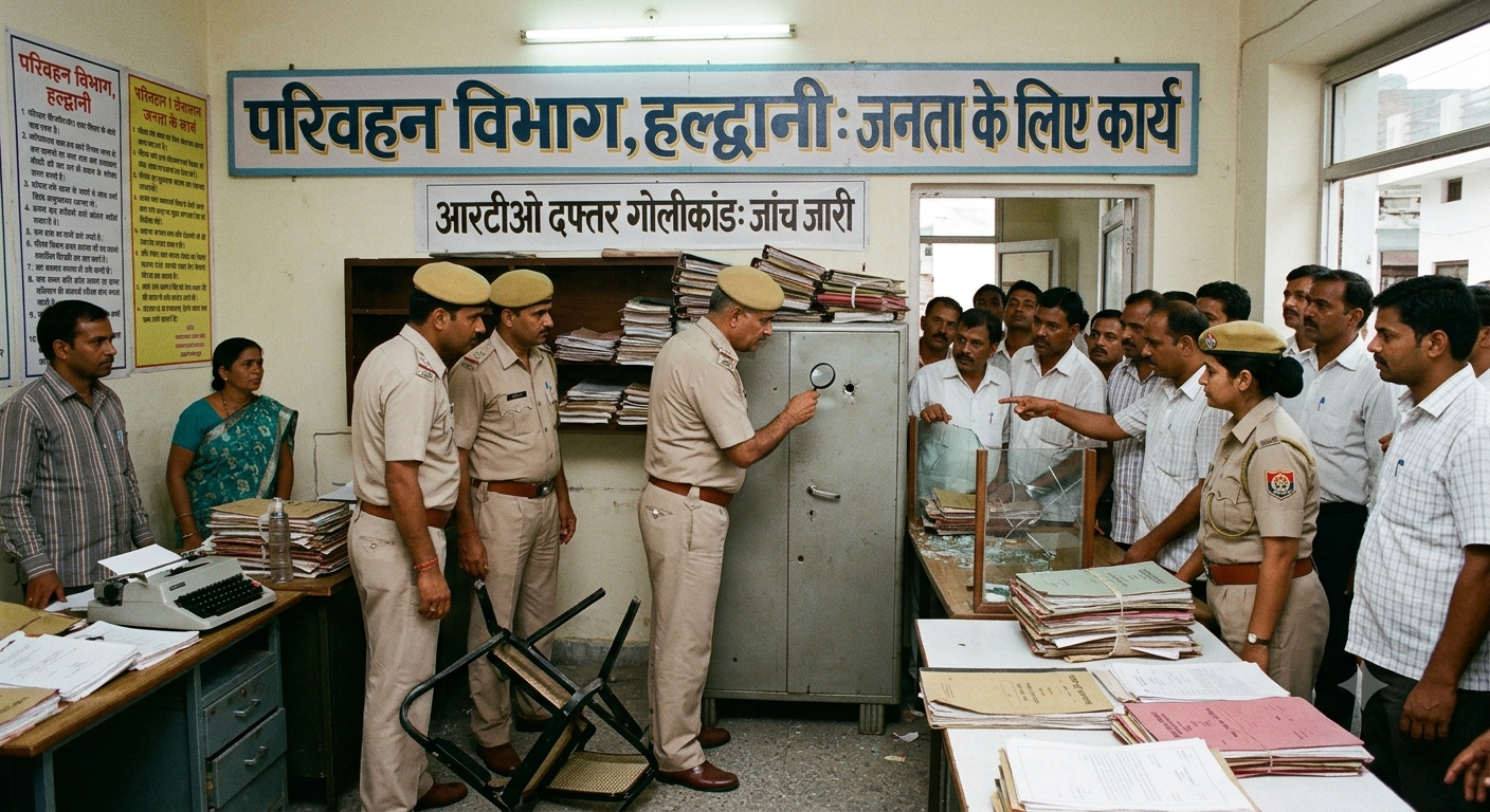हल्द्वानी RTO दफ्तर में हुई गोलीबारी के बाद जांच करती पुलिस