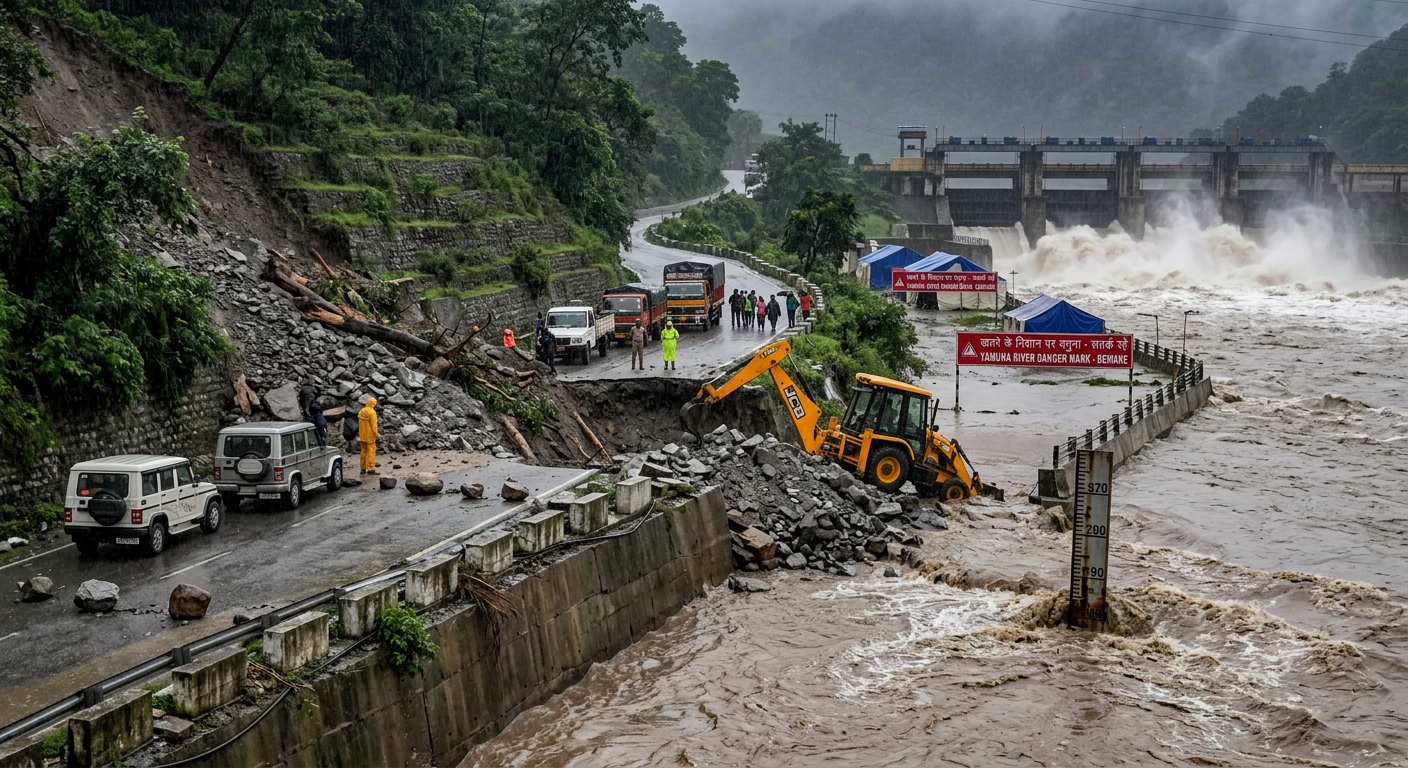 विकासनगर में खतरे के निशान के पास बहती विकराल यमुना नदी