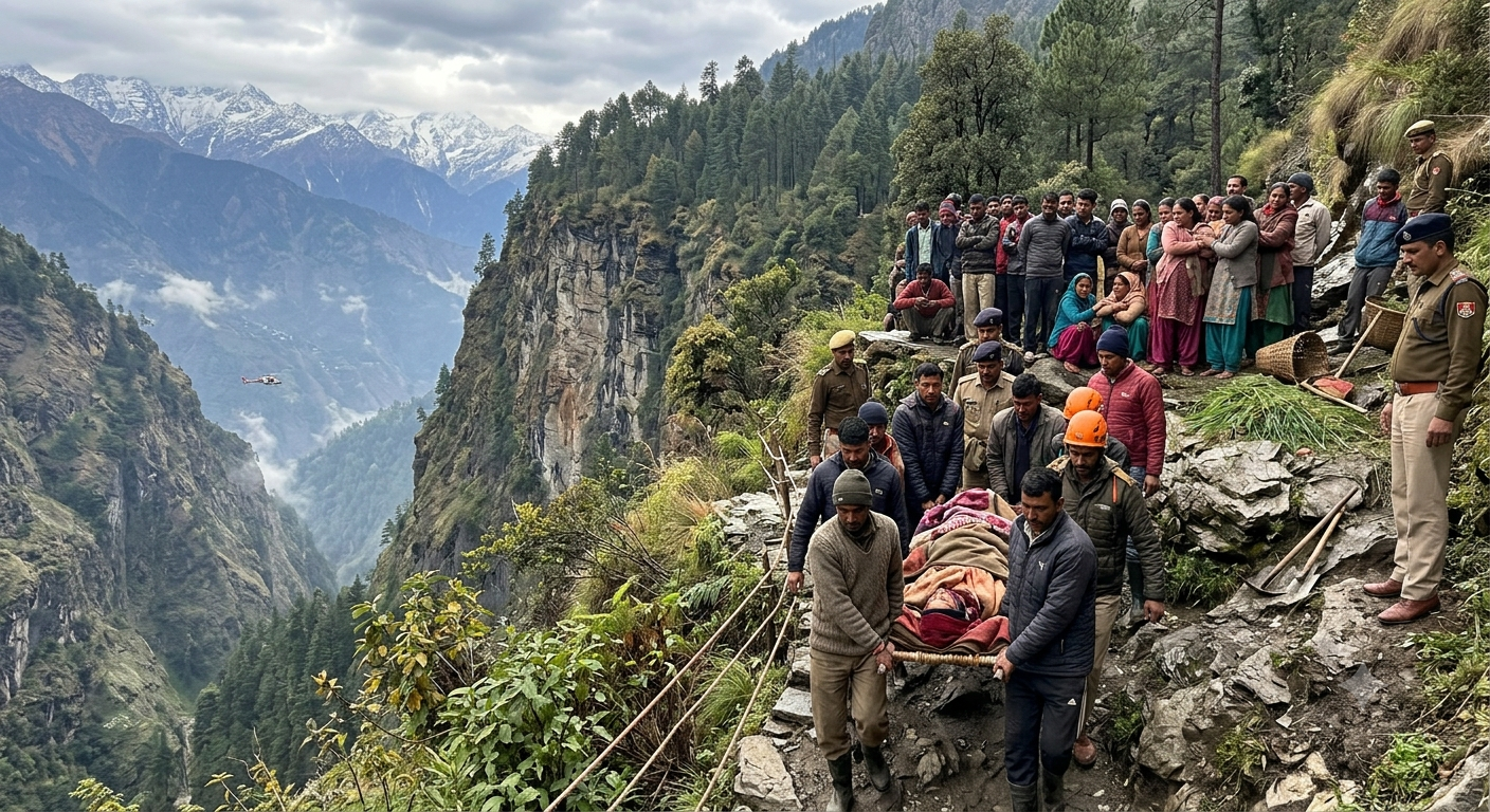 Rescue operations and terrain near Pokhari Chamoli following the Gopeshwar bear attack incident.