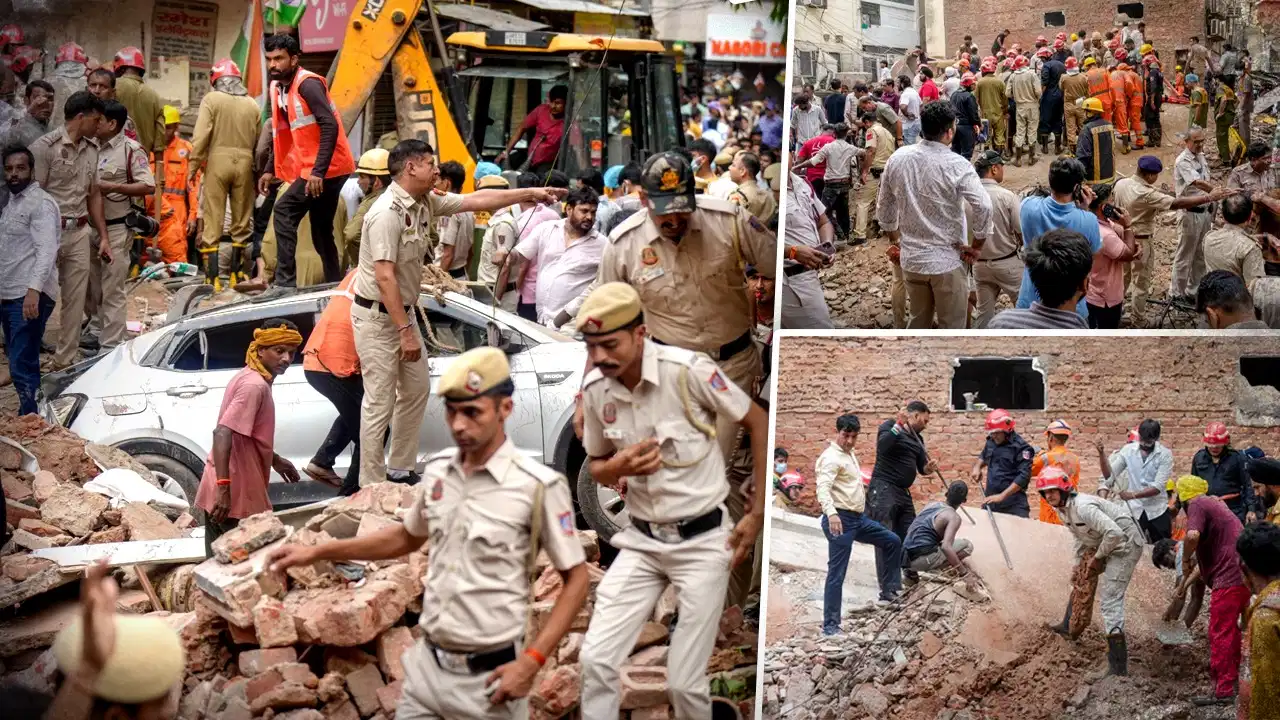 Rescue teams removing debris after Satya Niketan building collapse in Delhi