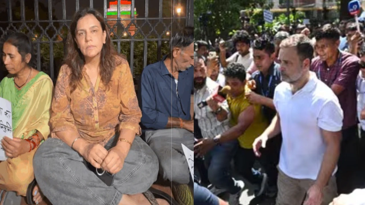 Ankita Bhandari Case 2026 showing her parents protesting at India Gate for justice, with Rahul Gandhi and Priyanka Gandhi meeting the family.